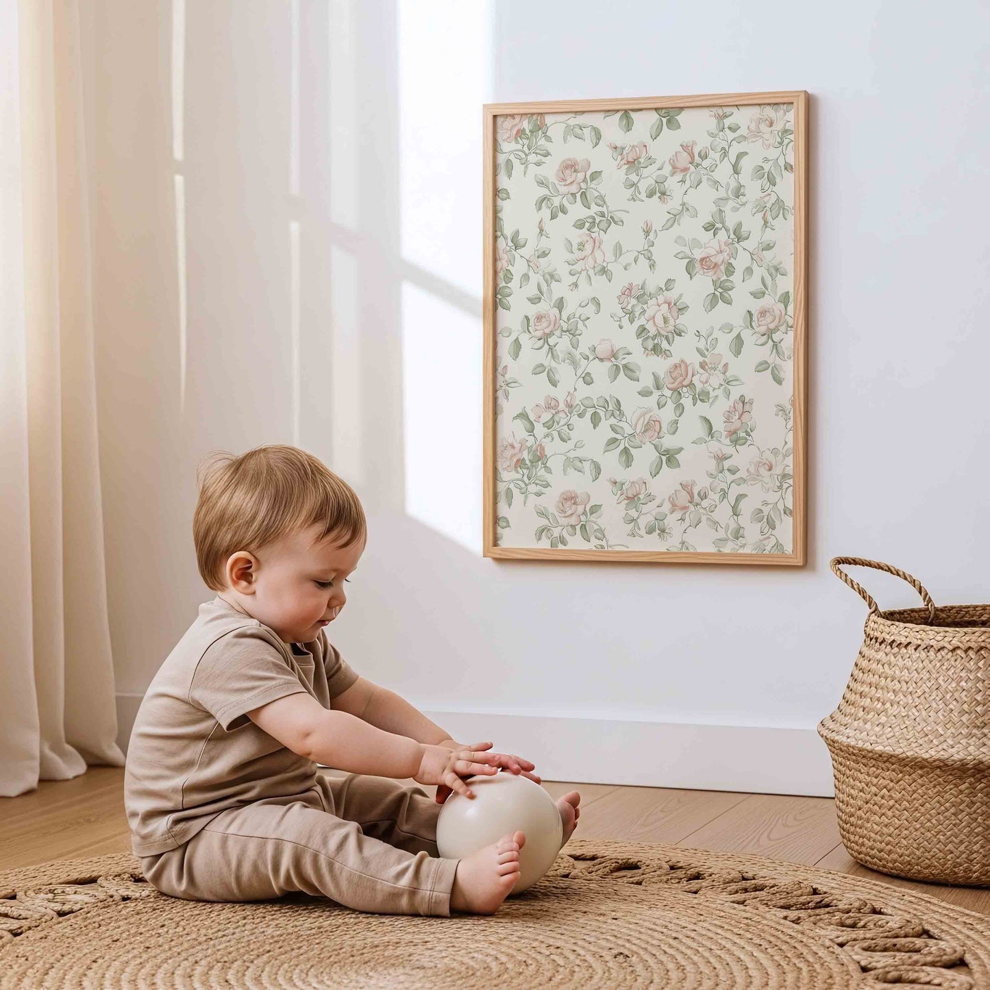 Toile and Floral Nursery Wall Art Set with Mouse and Blue Ribbon