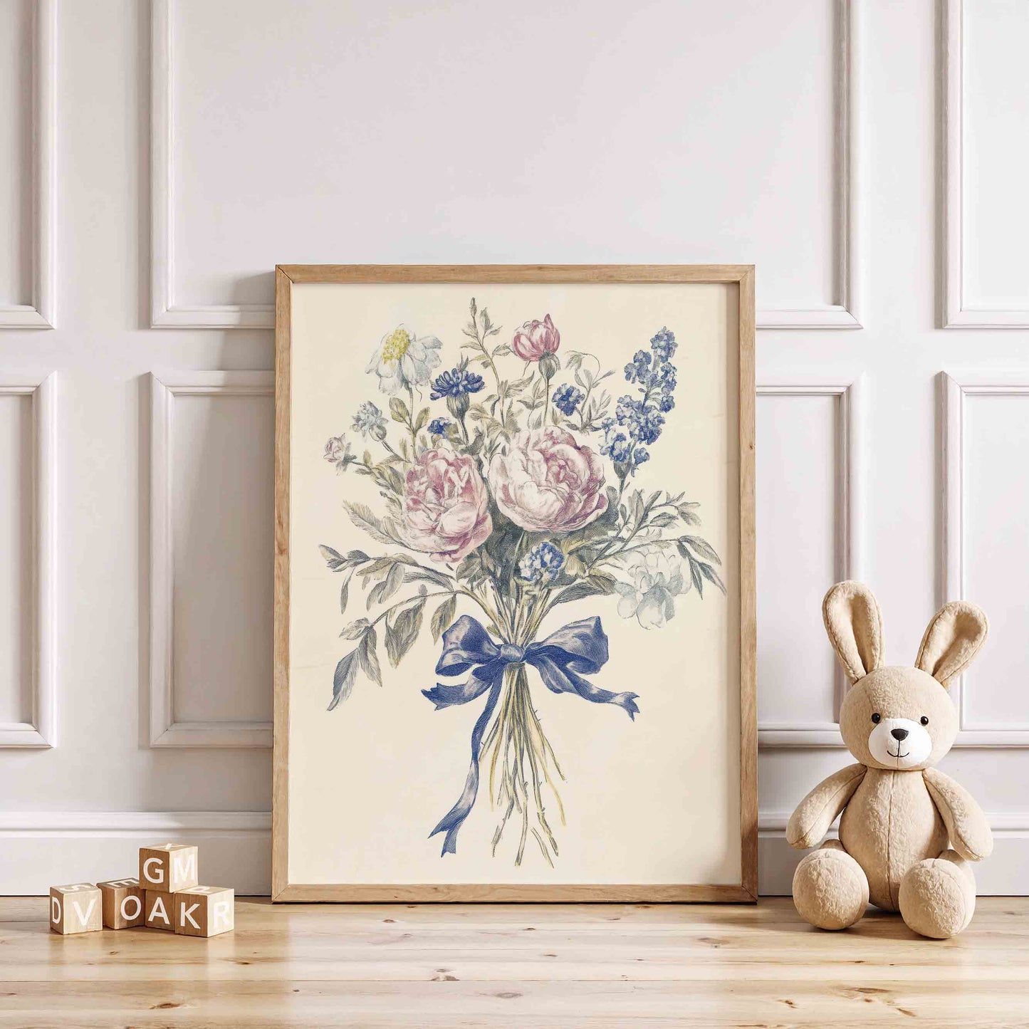 Toile and Floral Nursery Wall Art Set with Mouse and Blue Ribbon