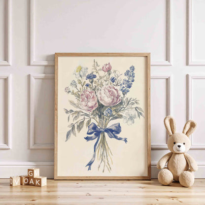 Toile and Floral Nursery Wall Art Set with Mouse and Blue Ribbon