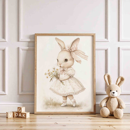 Vintage Bunny Nursery Wall Art with Florals and Ducklings