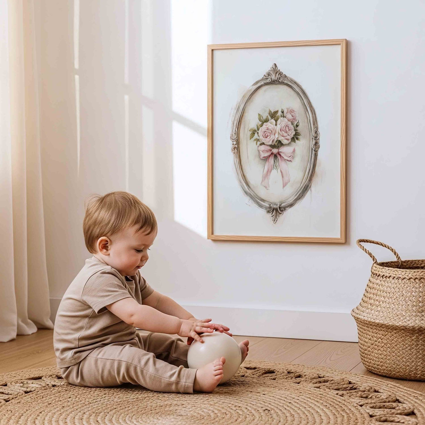 Coquette Pink Nursery Wall Art Set with Bunny and Bicycle