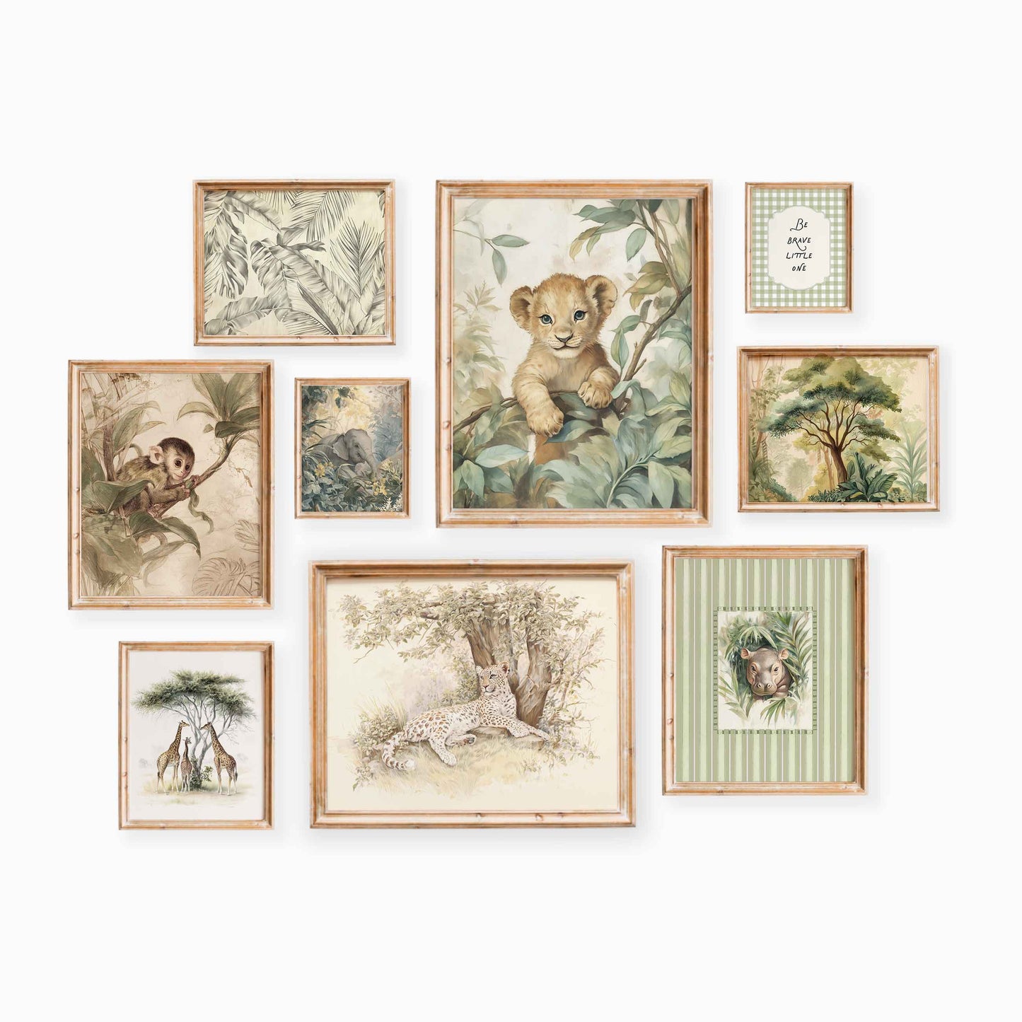 Nine-piece safari nursery wall art set featuring a lion cub, monkey, giraffes, leopard, jungle animals, tropical foliage, and soft nature scenes.

