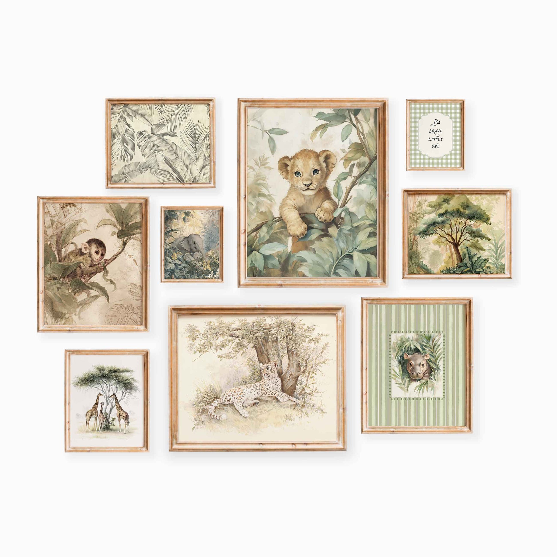 Nine-piece safari nursery wall art set featuring a lion cub, monkey, giraffes, leopard, jungle animals, tropical foliage, and soft nature scenes.
