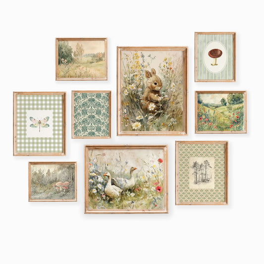 Nine-piece woodland nursery wall art set featuring a baby bunny in wildflowers, ducks in a meadow, butterfly illustration, mushrooms, botanical patterns, and soft countryside landscapes.

