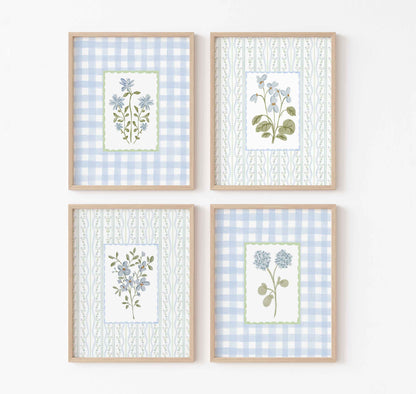 Four-piece grandmillennial nursery wall art set with blue floral illustrations on gingham and striped backgrounds in a coastal grandmother style
