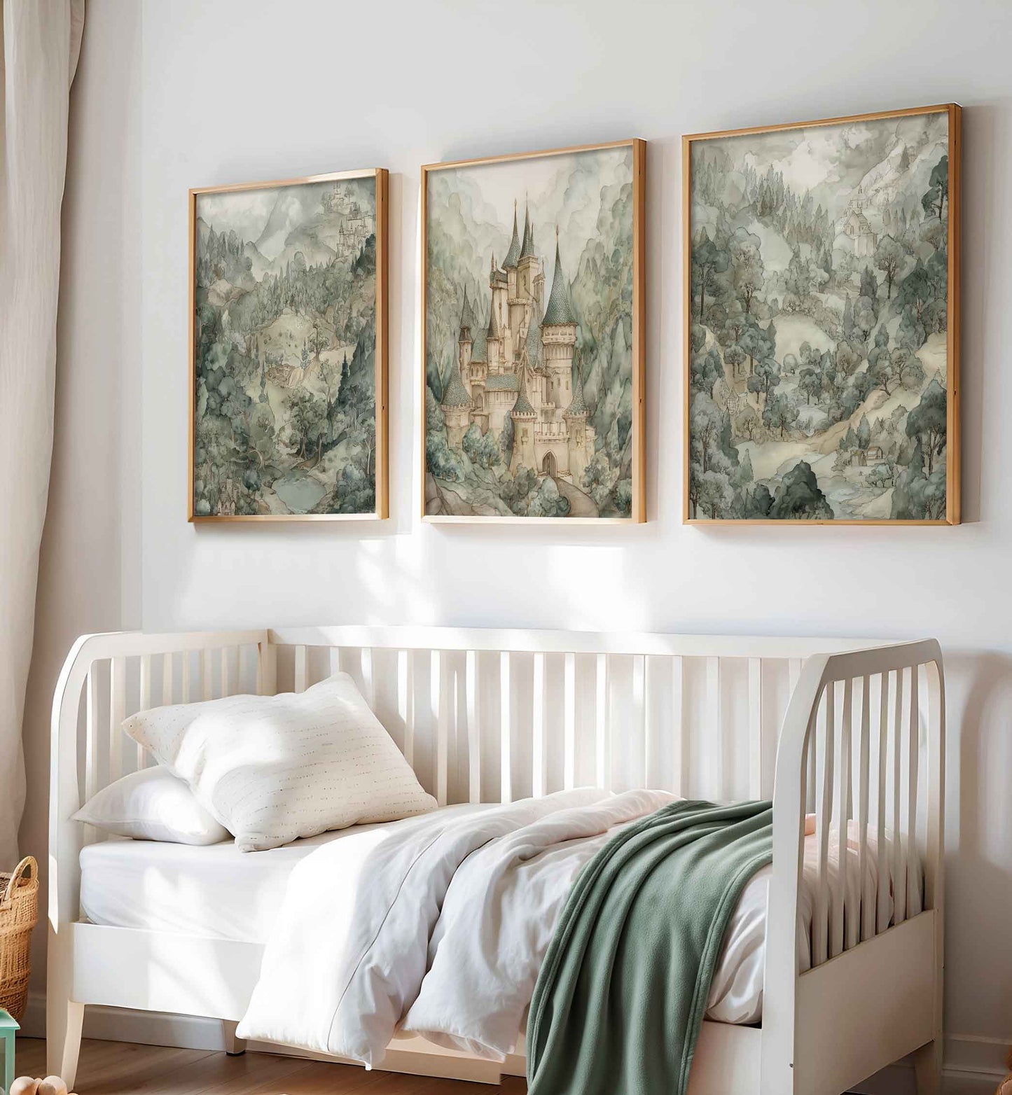 Three-piece boys nursery wall art with a vintage storybook castle and soft forest landscape illustrations
