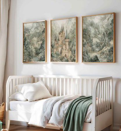 Three-piece boys nursery wall art with a vintage storybook castle and soft forest landscape illustrations
