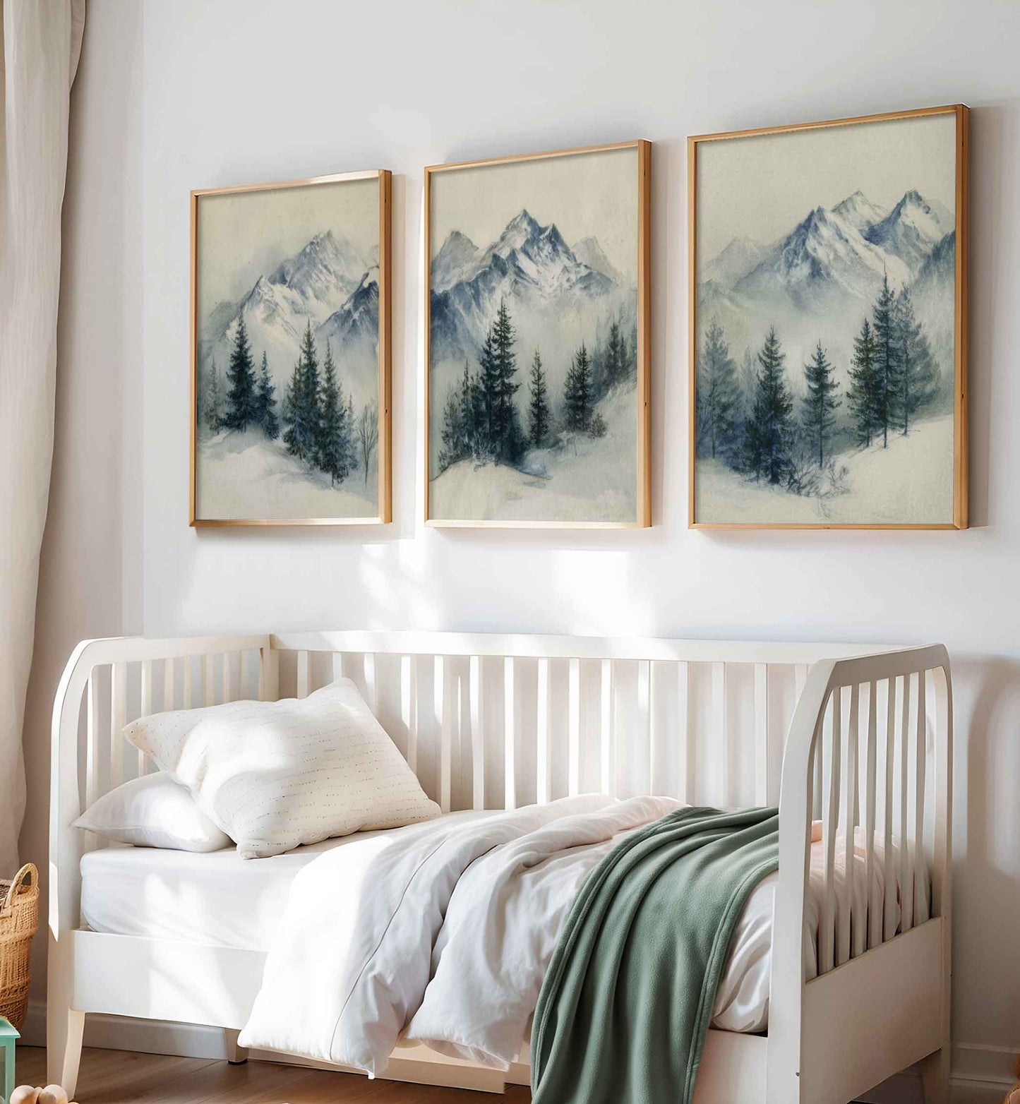 Three-piece boys nursery wall art with natura vintage mountain landscapes and soft evergreen forest scenery
