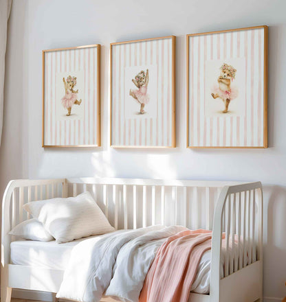 three piece ballet bear nursery wall art set with vintage whimsical illustrations in soft pink tones for a baby girl room
