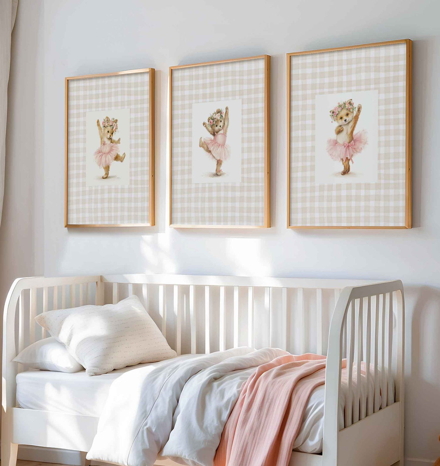 Three-piece nursery wall art set with a ballerina teddy bear, ballerina fox, and ballerina bunny on soft pink gingham check backgrounds for a girls room