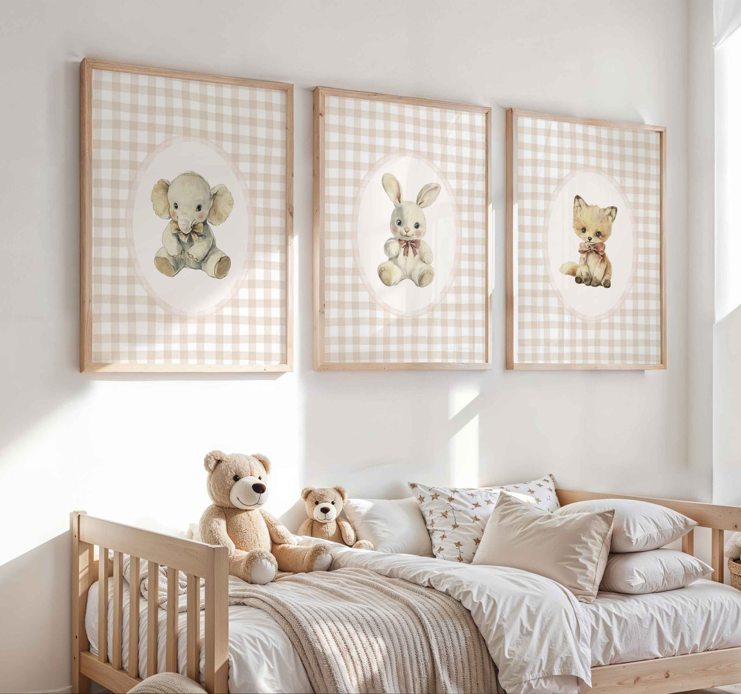 Vintage Gingham Nursery Wall Art Set with Baby Elephant, Bunny and Fox Illustrations