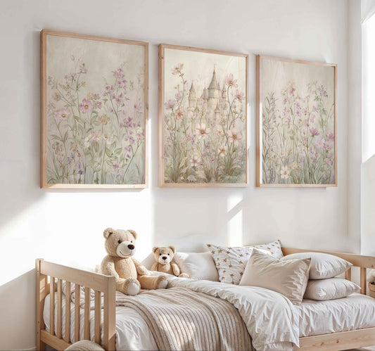 Vintage fairy castle nursery wall art with soft floral meadow illustrations for a girls room
