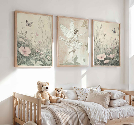 Three-piece girls nursery wall art with vintage fairy ballerina, soft meadow flowers and butterflies in pastel tones
