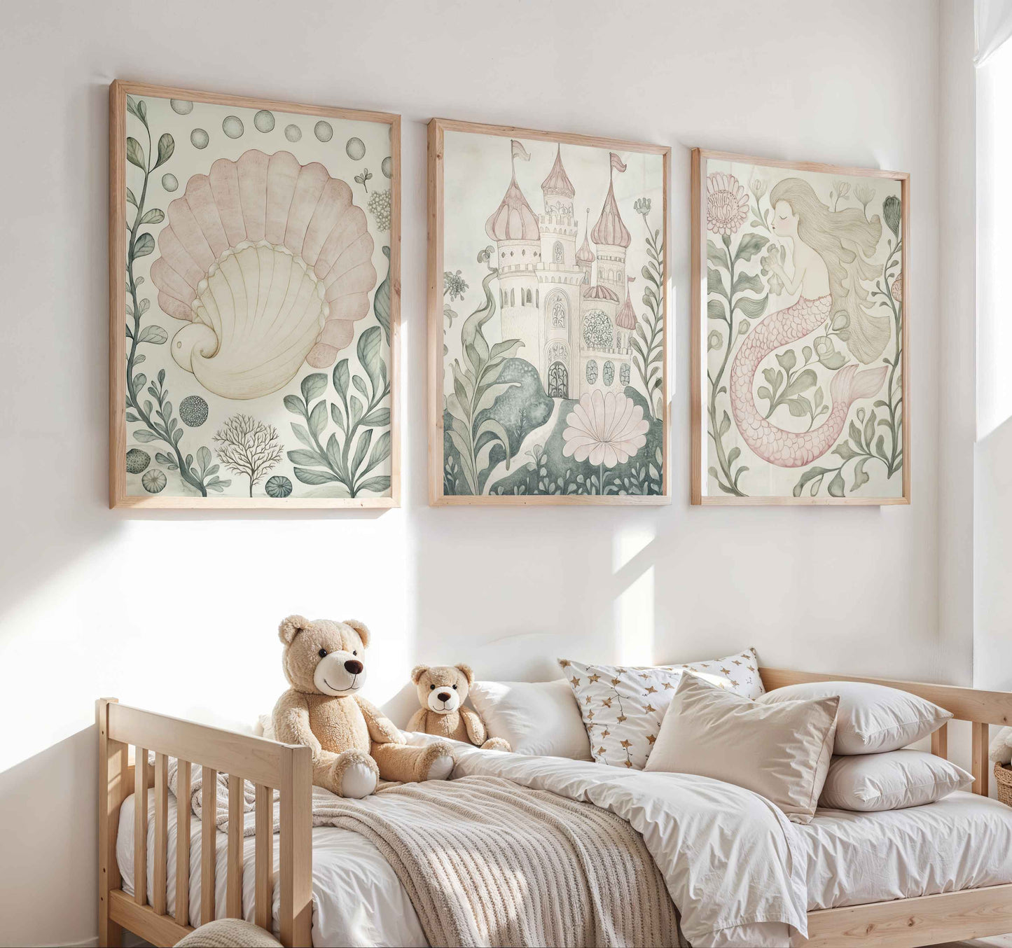Vintage Magical Fairytale Wall Art Set – Underwater Castle, Seashell & Mermaid Nursery Prints