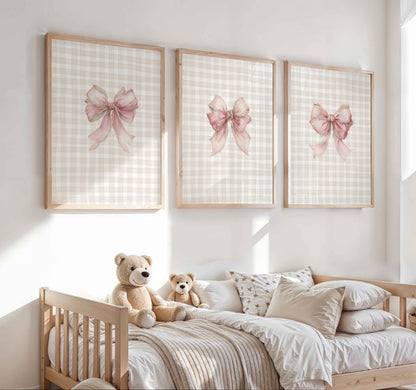 Pink Bow Nursery Wall Art Set – Whimsical Vintage Coquette Prints for Baby Girl Room
