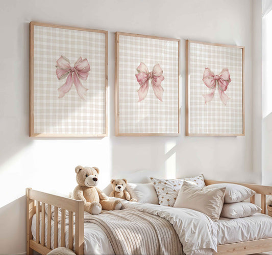 Pink Bow Nursery Wall Art Set – Whimsical Vintage Coquette Prints for Baby Girl Room