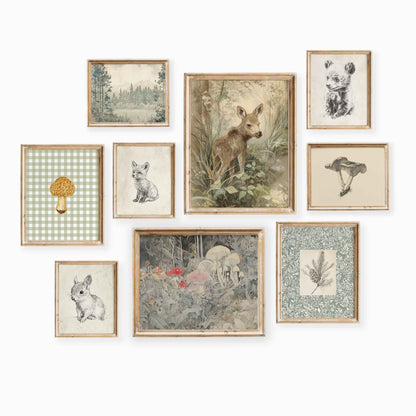 Nine-piece woodland nursery wall art set featuring baby deer, bear, fox, squirrel sketches, forest landscapes, mushrooms, and soft botanical illustrations.
