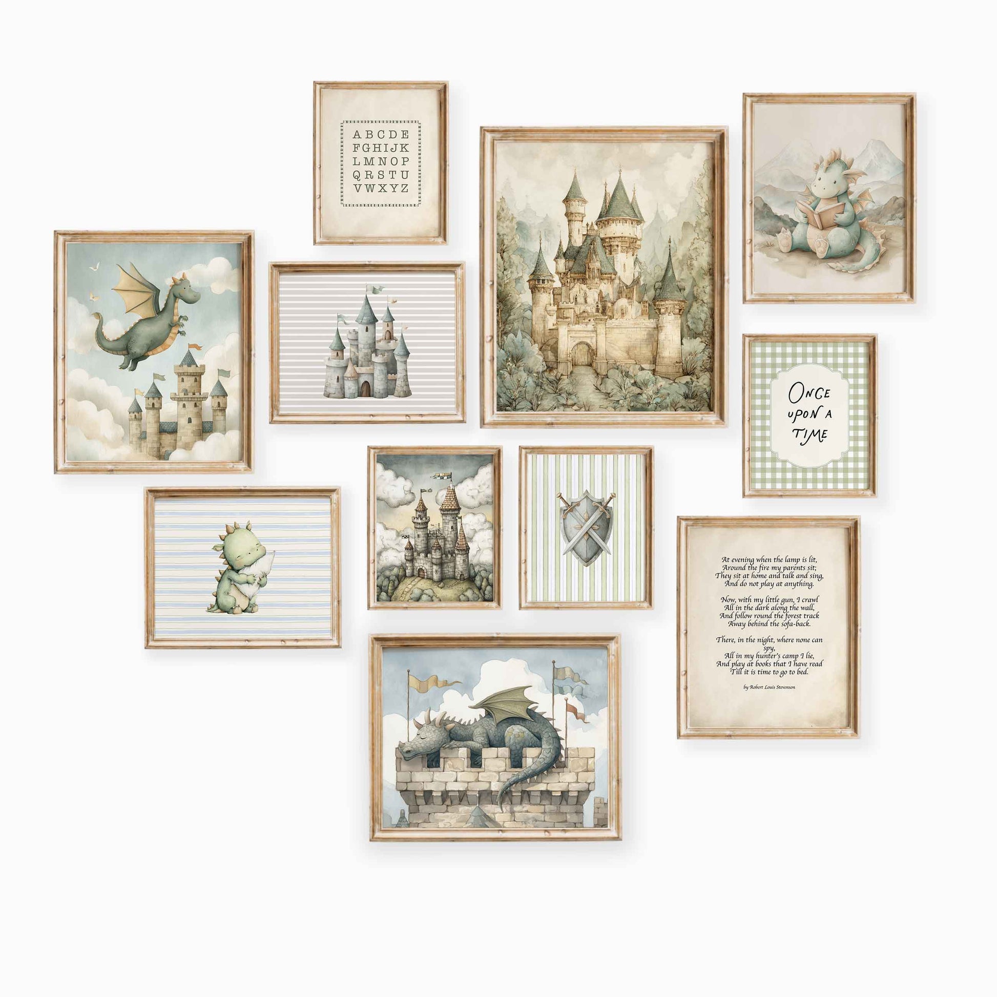 Storybook dragon and castle wall art set with soft fantasy illustrations designed for a boys room nursery or kids space