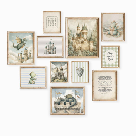 Storybook dragon and castle wall art set with soft fantasy illustrations designed for a boys room nursery or kids space
