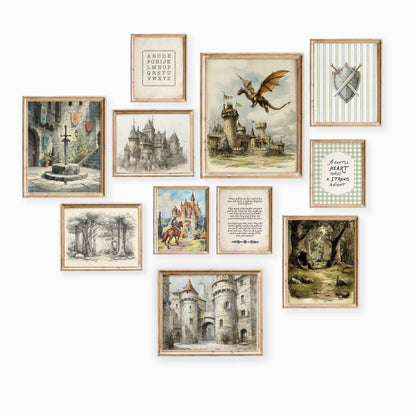 Medieval Castle Dragon Nursery Art - Vintage Magical Wall Prints for Boys
