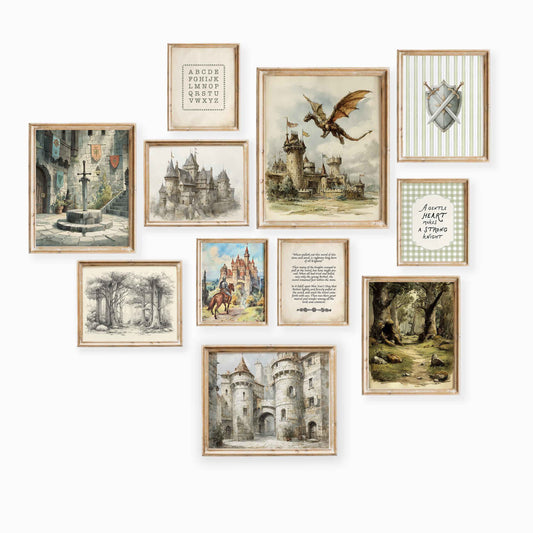Medieval Castle Dragon Nursery Art - Vintage Magical Wall Prints for Boys