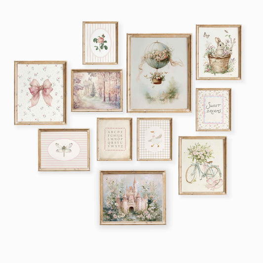 Eleven-piece nursery wall art set featuring vintage cottagecore illustrations with florals, hot air balloon, bunny, castle, alphabet and soft pastel nursery decor
