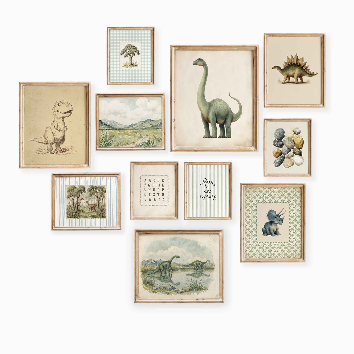 Charming vintage dinosaur nursery gallery wall with ten framed prints featuring watercolor dinosaurs, prehistoric landscapes, alphabet chart, and nature elements in sage green and earth tones on white wall