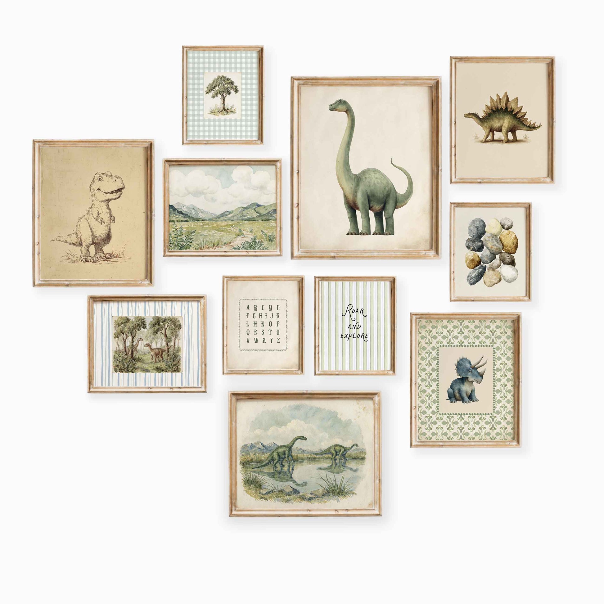 Charming vintage dinosaur nursery gallery wall with ten framed prints featuring watercolor dinosaurs, prehistoric landscapes, alphabet chart, and nature elements in sage green and earth tones on white wall