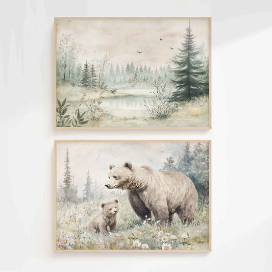 Two-piece watercolor nursery art set featuring misty forest lake landscape with pine trees and mama bear with cub in wildflower meadow in natural wood frames