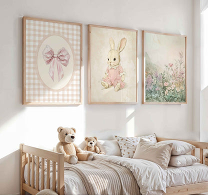 Digital nursery wall art set with pink bow, vintage bunny, and pastel floral meadow in coquette style, designed for printable baby girl room décor.