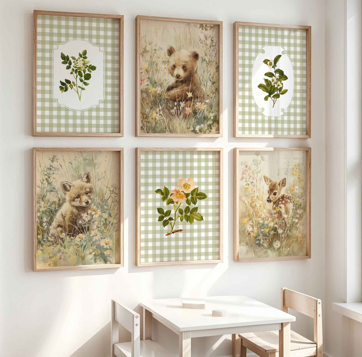 Six-piece sage green gingham nursery gallery wall featuring baby bear, fox, and fawn in wildflowers, vintage botanical fern and rose illustrations on checkered background in natural wood frames