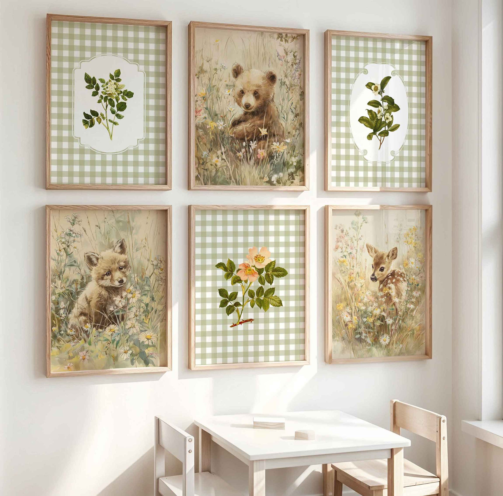 Six-piece sage green gingham nursery gallery wall featuring baby bear, fox, and fawn in wildflowers, vintage botanical fern and rose illustrations on checkered background in natural wood frames