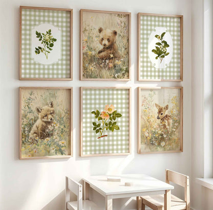 Six-piece sage green gingham nursery gallery wall featuring baby bear, fox, and fawn in wildflowers, vintage botanical fern and rose illustrations on checkered background in natural wood frames