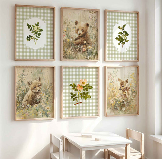Six-piece sage green gingham nursery gallery wall featuring baby bear, fox, and fawn in wildflowers, vintage botanical fern and rose illustrations on checkered background in natural wood frames