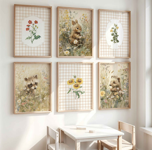 Six-piece nursery wall art set with baby bunny, raccoon, bear cub, and wildflowers on beige gingham and botanical backgrounds
