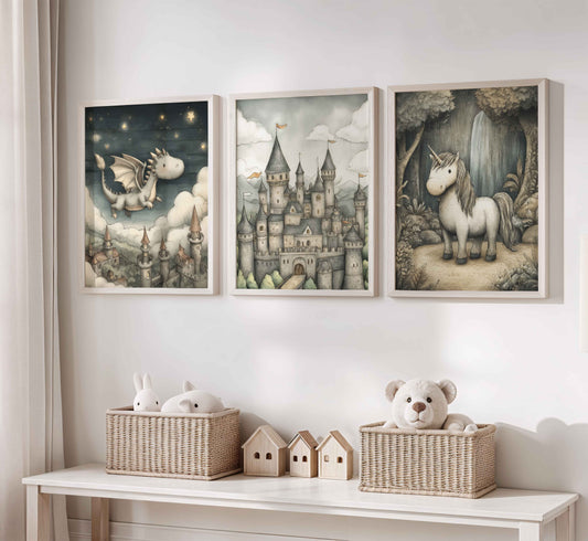 Vintage-style wall art set with a dragon flying above castle towers, a medieval castle with flags, and a unicorn in a forest near a waterfall
