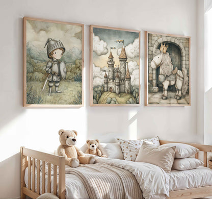 Set of three vintage-style nursery prints with a boy knight in armor, a fairytale castle with flags, and a crowned horse in front of a stone archway