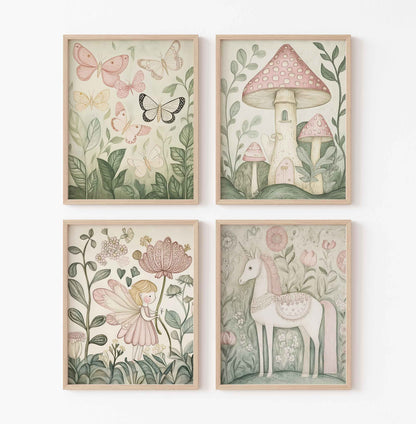 Vintage nursery wall art set with butterflies, mushroom houses, a pink-winged fairy, and a white unicorn among soft green and pink flowers