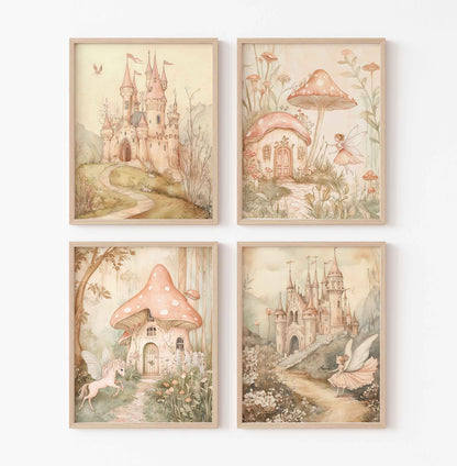 Vintage-style nursery prints with pink castles, fairies with wings, mushroom houses, and a white unicorn in a magical garden setting
