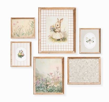 Set of six vintage nursery prints with a bunny in a dress, wildflowers, floral patterns, a dragonfly, and pastel botanical illustrations on beige backgrounds