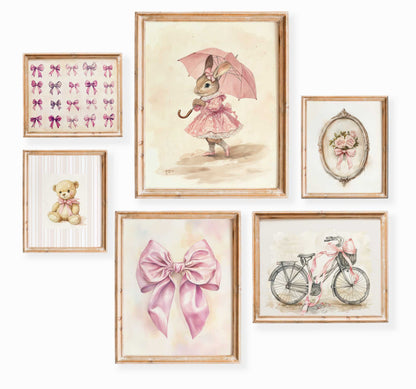 Coquette-style nursery wall art set with a bunny in a pink dress, vintage bicycle, satin bow, teddy bear, pink ribbon chart, and floral print in soft blush tones