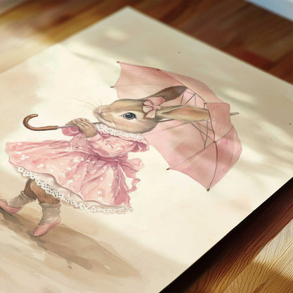 Coquette-style nursery wall art set with a bunny in a pink dress, vintage bicycle, satin bow, teddy bear, pink ribbon chart, and floral print in soft blush tones