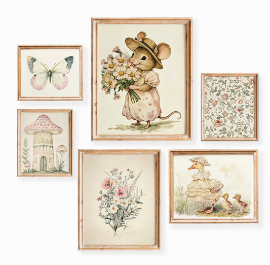 Set of six vintage nursery prints with a mouse in a dress holding flowers, duck with ducklings in bonnets, pink mushroom house, butterfly, wildflowers, and floral pattern