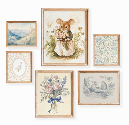 Set of six nursery prints with mouse holding flowers, blue ribbon floral bouquet, toile-style mice illustration, mountain landscape, goose, and vintage floral patterns
