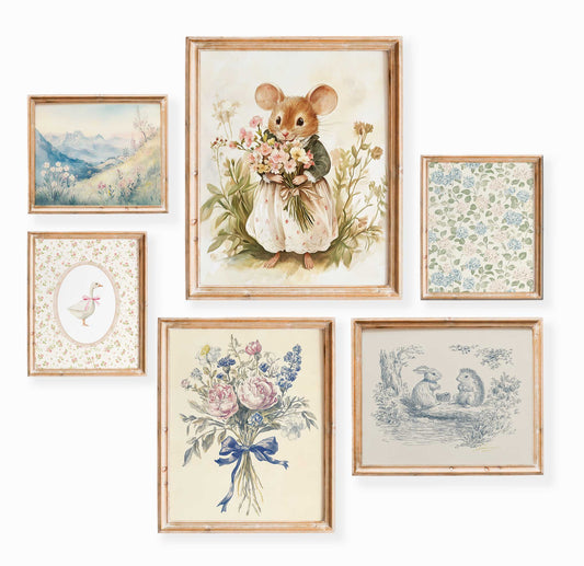 Set of six nursery prints with mouse holding flowers, blue ribbon floral bouquet, toile-style mice illustration, mountain landscape, goose, and vintage floral patterns
