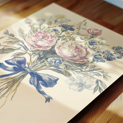 Toile and Floral Nursery Wall Art Set with Mouse and Blue Ribbon