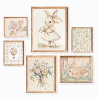 Set of six vintage nursery prints with bunny in a bow, ducklings in grass, floral bouquet with ribbon, cherry blossom, hot air balloon, and botanical wallpaper pattern