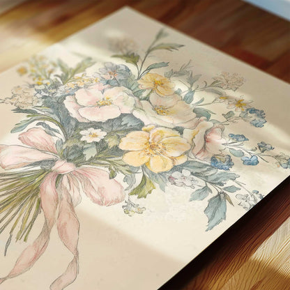 Set of six vintage nursery prints with bunny in a bow, ducklings in grass, floral bouquet with ribbon, cherry blossom, hot air balloon, and botanical wallpaper pattern