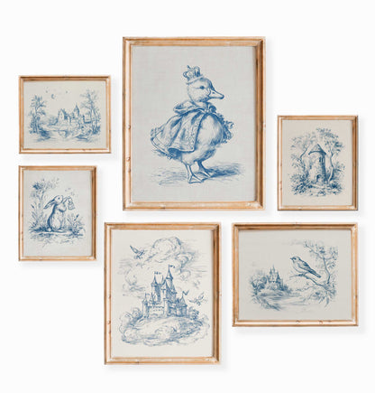 Blue Toile Nursery Wall Art Set with Duckling, Bunny and Castles
