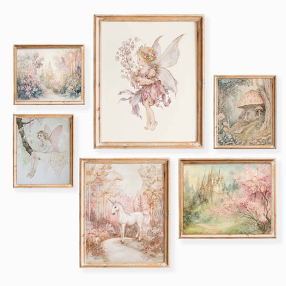 A whimsical nursery wall art set of six pastel prints with fairy girls, a white unicorn, mushroom house, floral garden, and dreamy castle – perfect for an enchanted forest-themed baby girl’s room.
